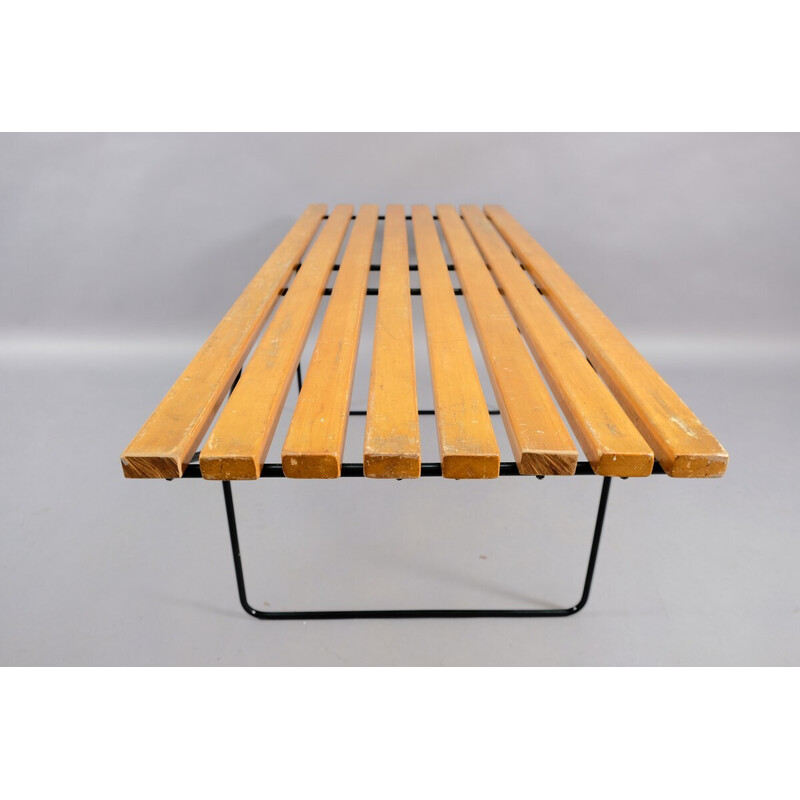 Vintage flowered bench in wood and metal slats, Germany 1960