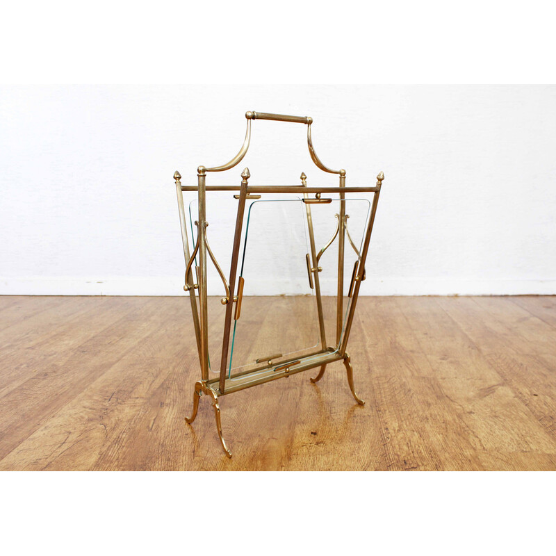 Vintage glass and brass magazine rack for Maison Jansen, France 1950