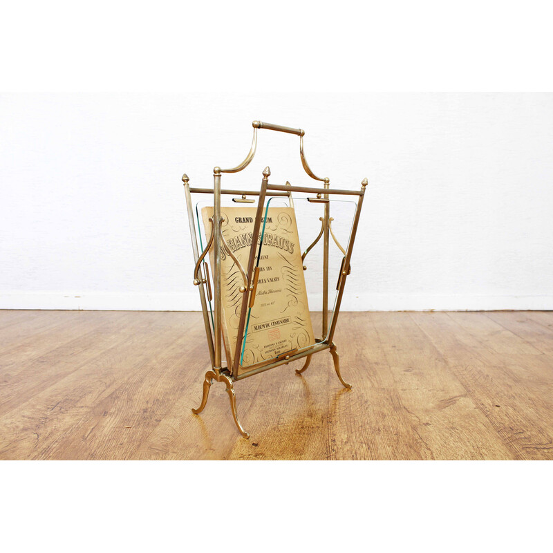 Vintage glass and brass magazine rack for Maison Jansen, France 1950