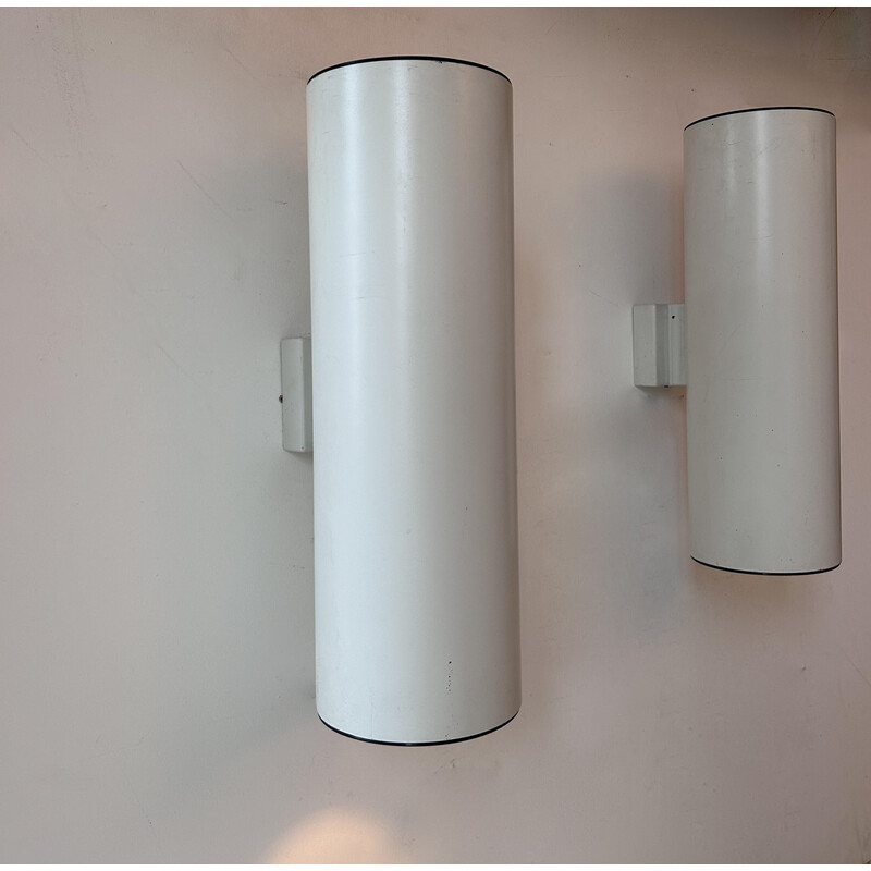 Pair of vintage cylindrical wall lamp in matt white metal for Erco, Germany 1976