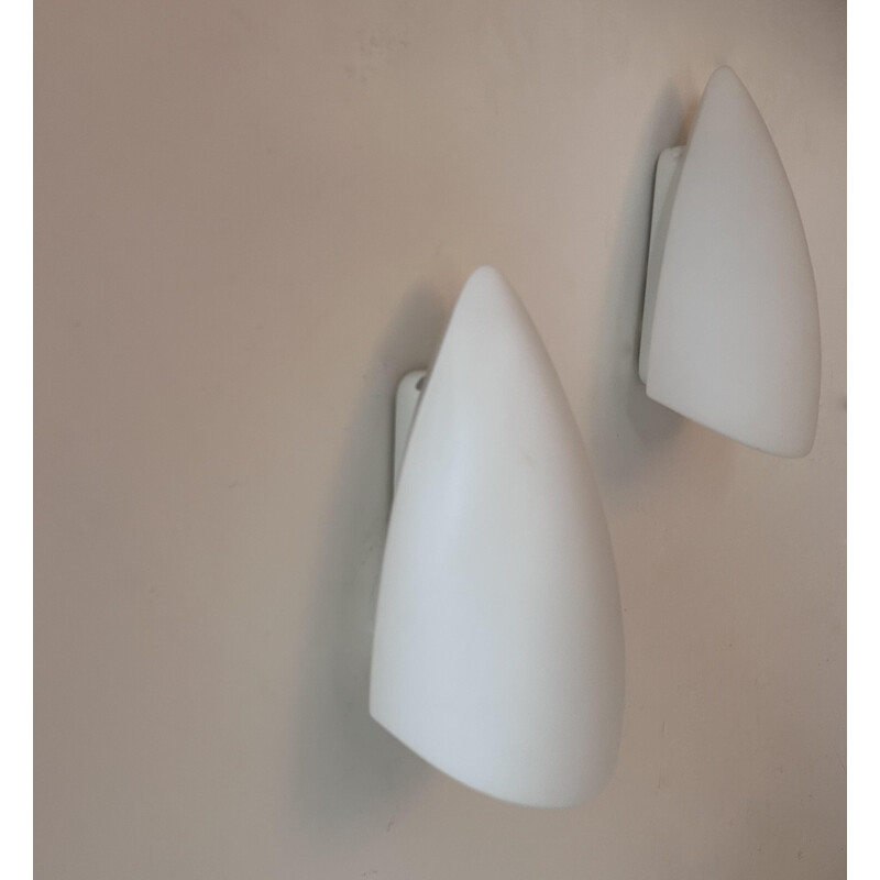 Pair of vintage white opaline glass wall lamp, France 1970