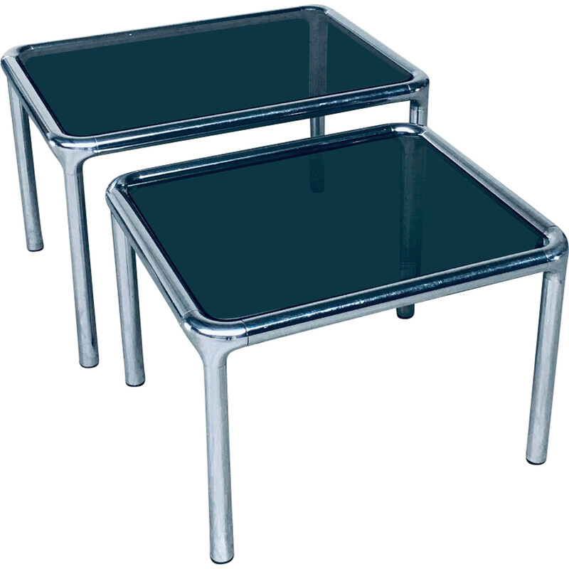 Vintage nesting tables in chrome and smoked glass by Etienne Fermigier, France 1970