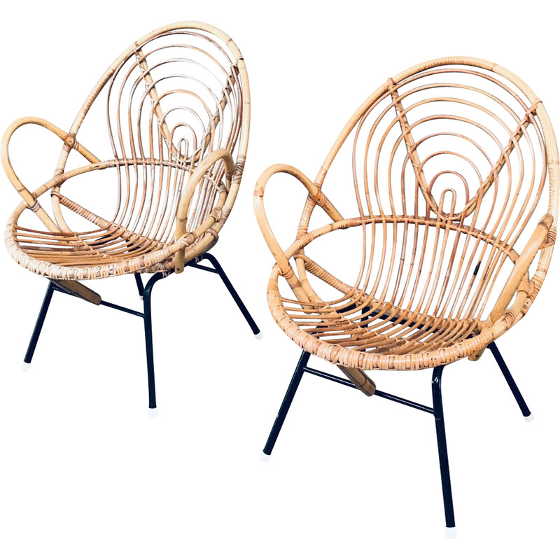 Pair of vintage rattan and black metal armchairs by Rohe Noordwolde, Netherlands 1960