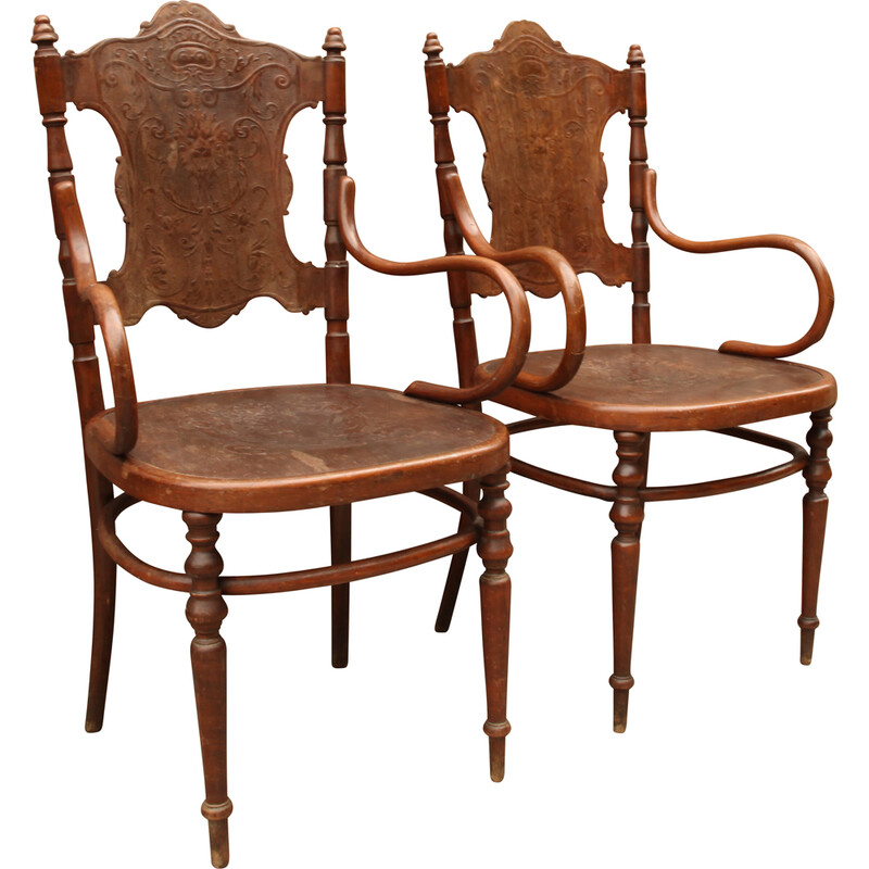 Paar vintage Art Nouveau gebogen houten fauteuils van Fischel, Oostenrijk