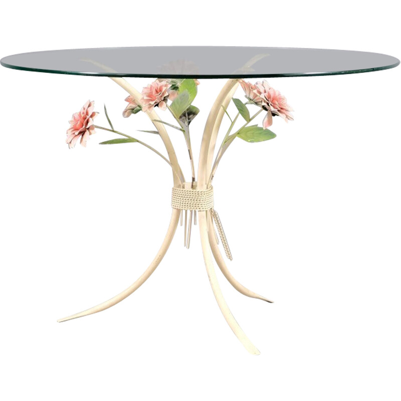 Table d'appoint vintage en métal blanc avec fleurs, Allemagne 1970