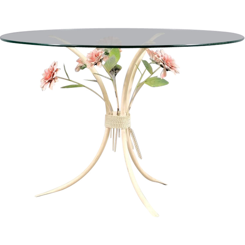 Vintage white metal side table with flowers, Germany 1970