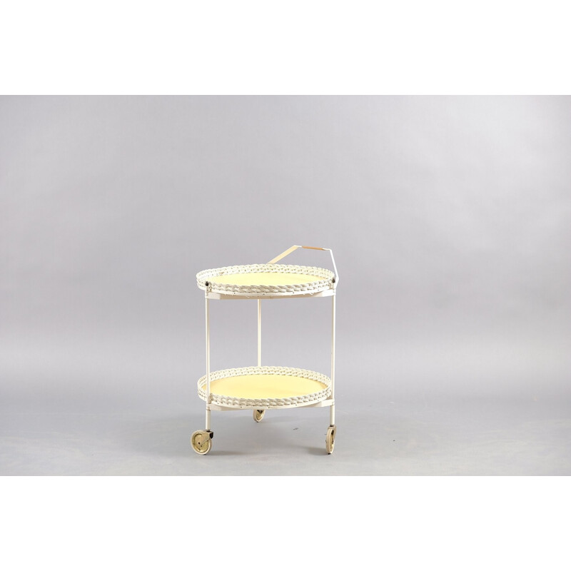 Vintage tea trolley in rattan and white metal, Germany 1960