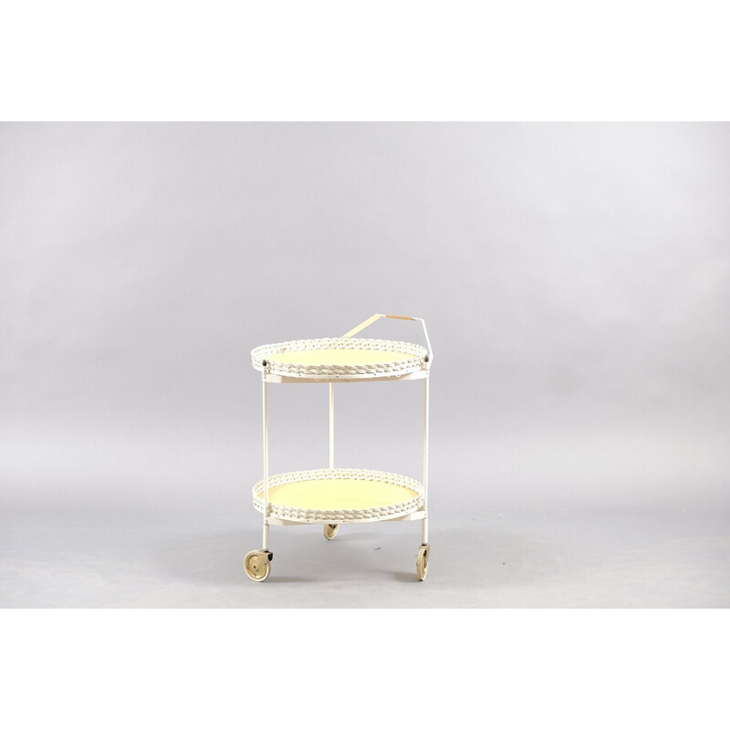 Vintage tea trolley in rattan and white metal, Germany 1960