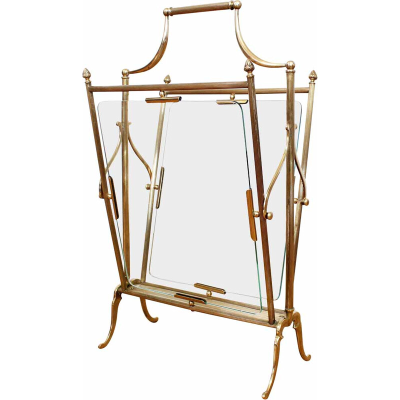 Vintage glass and brass magazine rack for Maison Jansen, France 1950