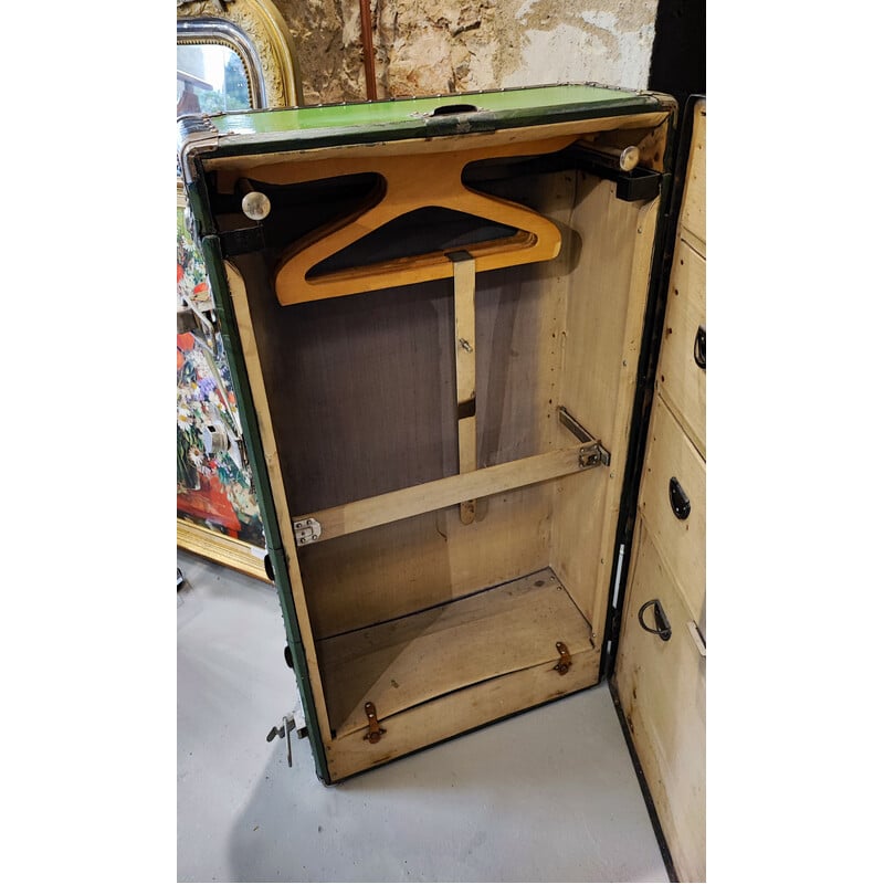 Vintage travel cabin in wood, leather and metal with 3 drawers, 1900