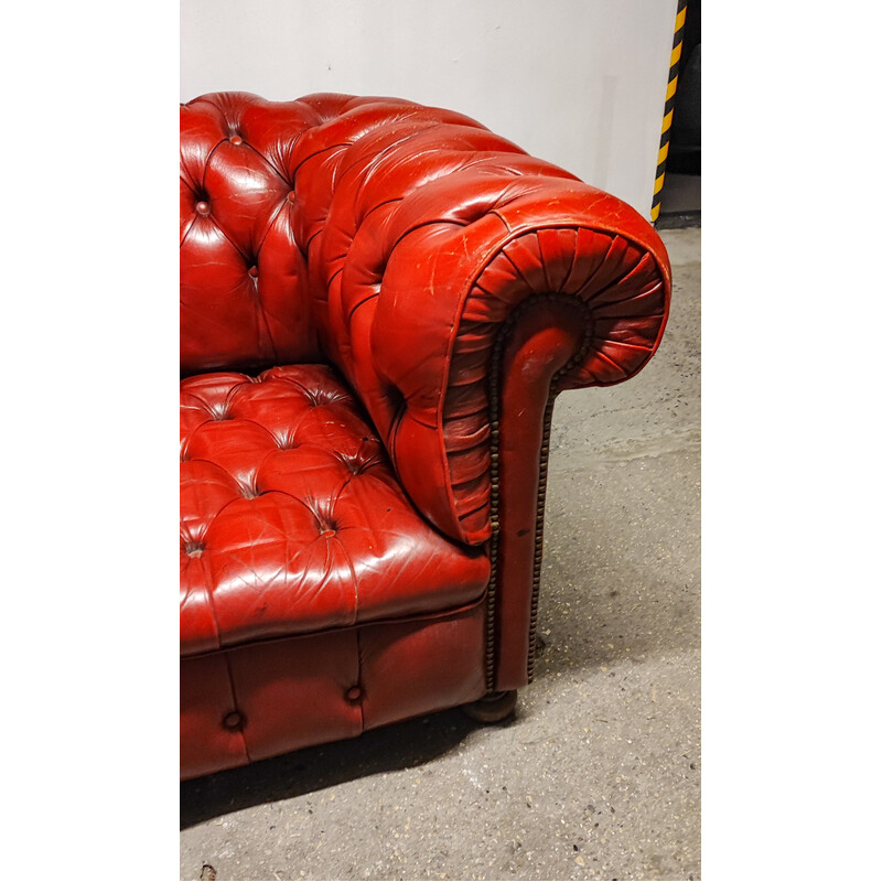 Vintage Chesterfield 3-Sitzer-Sofa aus rotem Leder und