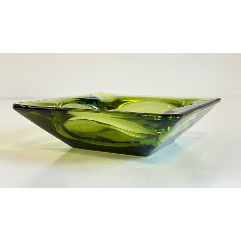 Vintage geometric green glass ashtray