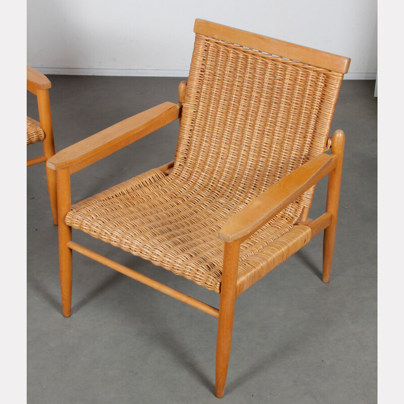Pair of vintage wicker and wood armchairs for Uluv, 1960