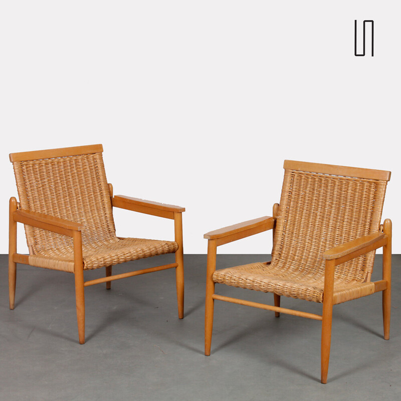 Pair of vintage wicker and wood armchairs for Uluv, 1960