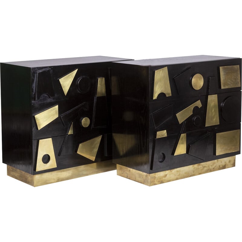 Pair of vintage rectangular chests of drawers in lacquered beech and gilded brass