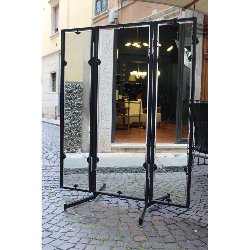 Vintage folding workshop mirror in black lacquered metal, Italy 1970