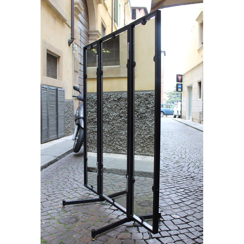 Vintage folding workshop mirror in black lacquered metal, Italy 1970