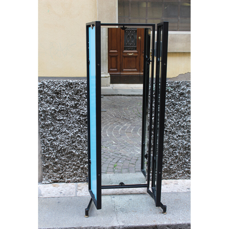 Vintage folding workshop mirror in black lacquered metal, Italy 1970