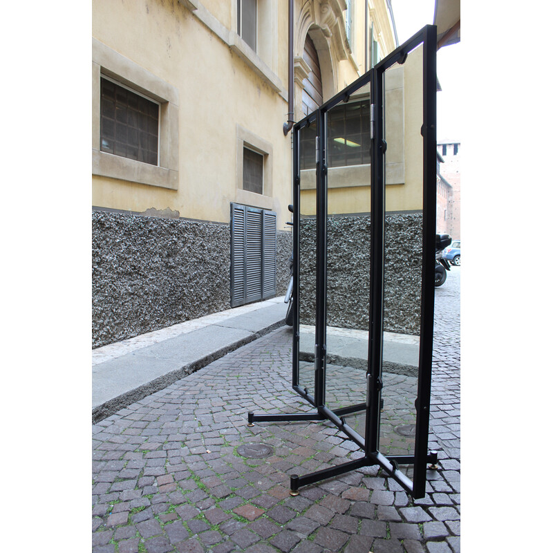 Vintage folding workshop mirror in black lacquered metal, Italy 1970