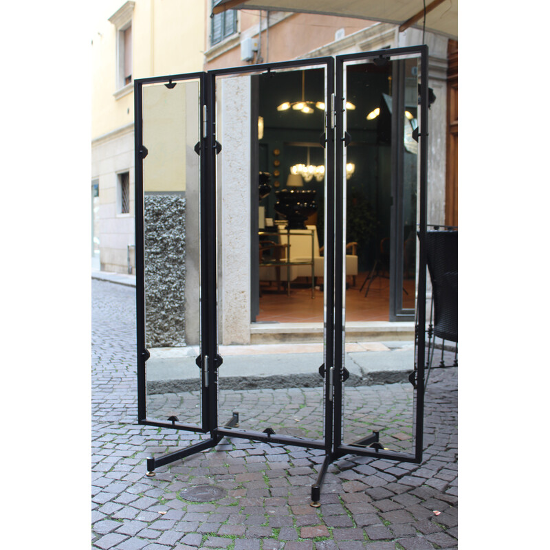 Vintage folding workshop mirror in black lacquered metal, Italy 1970