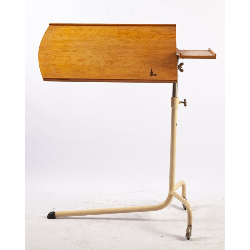 Vintage adjustable side table on casters in metal and wood, 1930