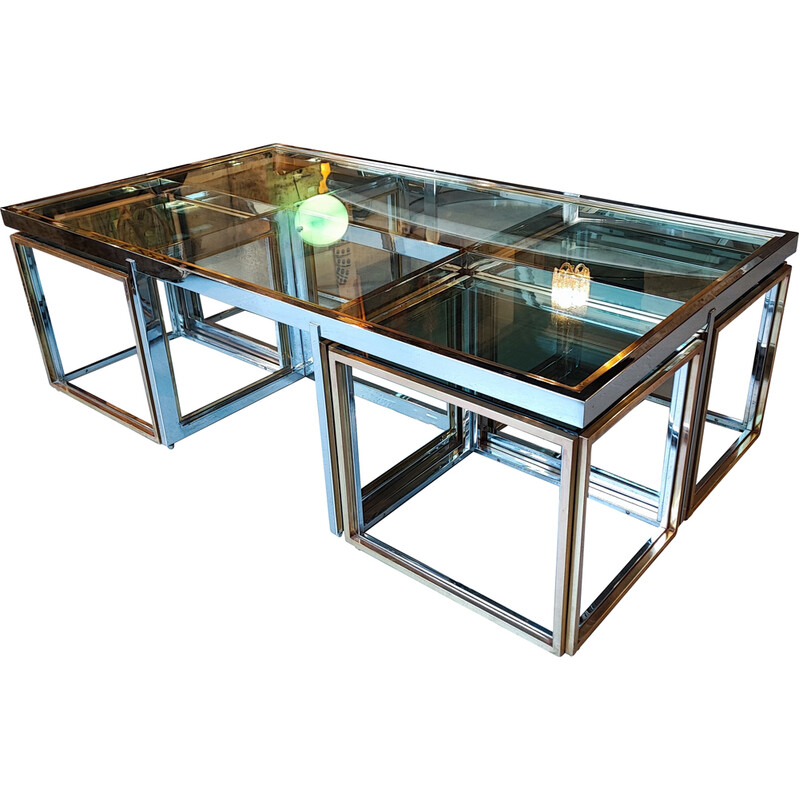 Vintage chrome-plated metal coffee table with 4 nesting tables by Remeo Rega, Italy 1960