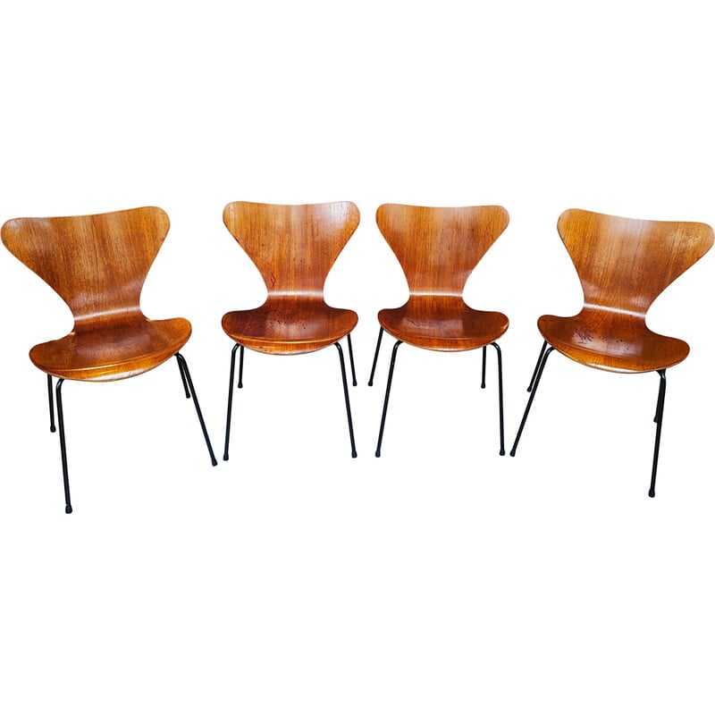 Lot de 4 chaises vintage Butterfly 3107 en métal noir et teck par Arne Jacobsen, 1971