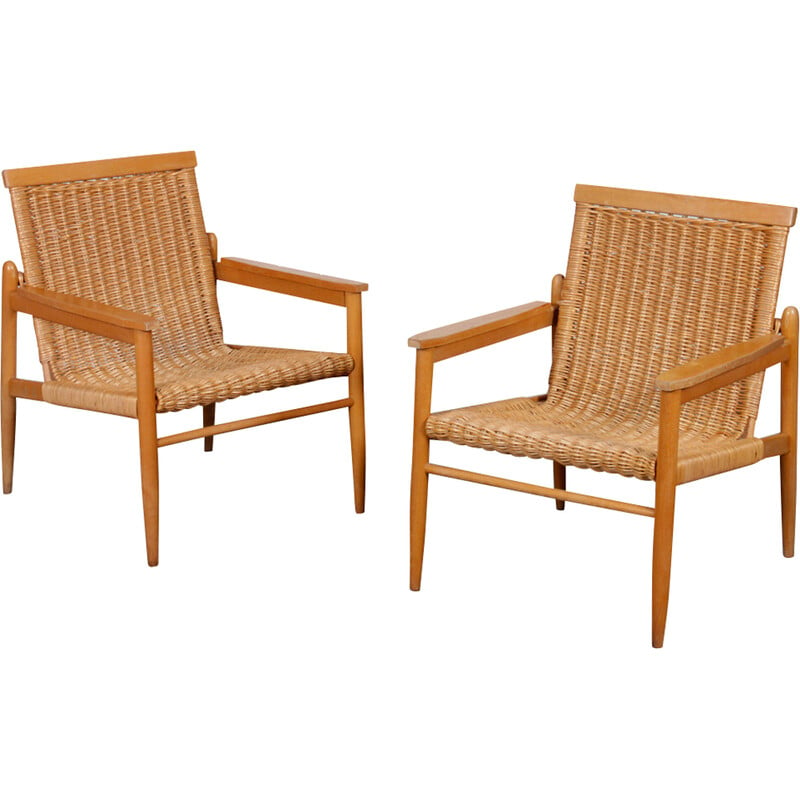 Pair of vintage wicker and wood armchairs for Uluv, 1960