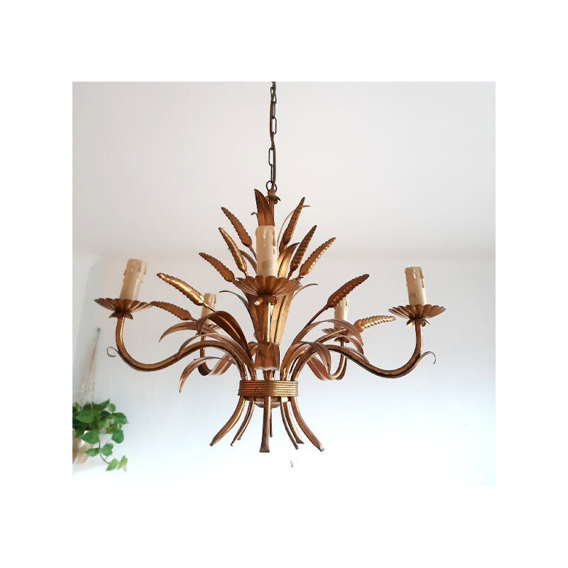 Vintage gold metal chandelier with 5 arms, Germany 1960