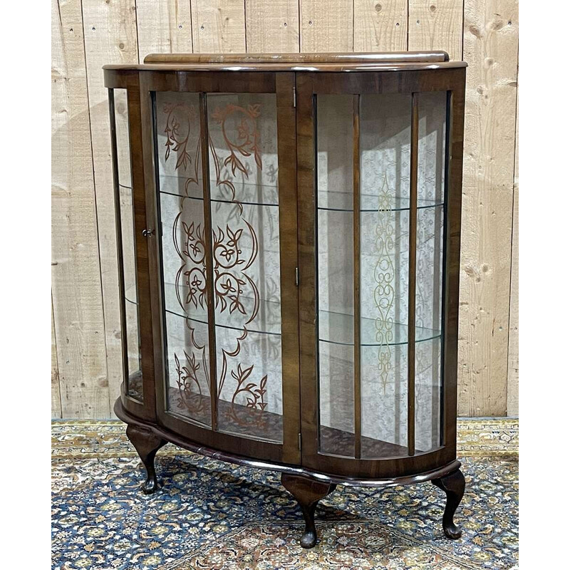 Vintage English walnut display cabinet, 1930