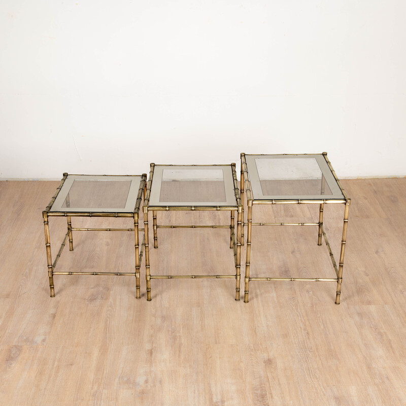 Tables gigognes vintage en laiton et verre, 1970