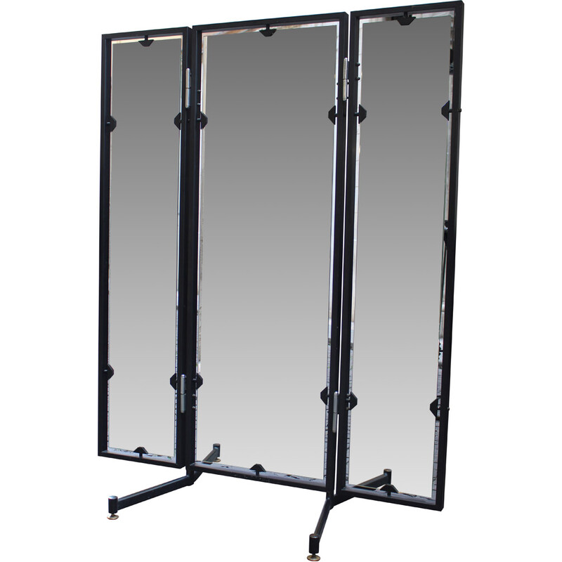 Vintage folding workshop mirror in black lacquered metal, Italy 1970