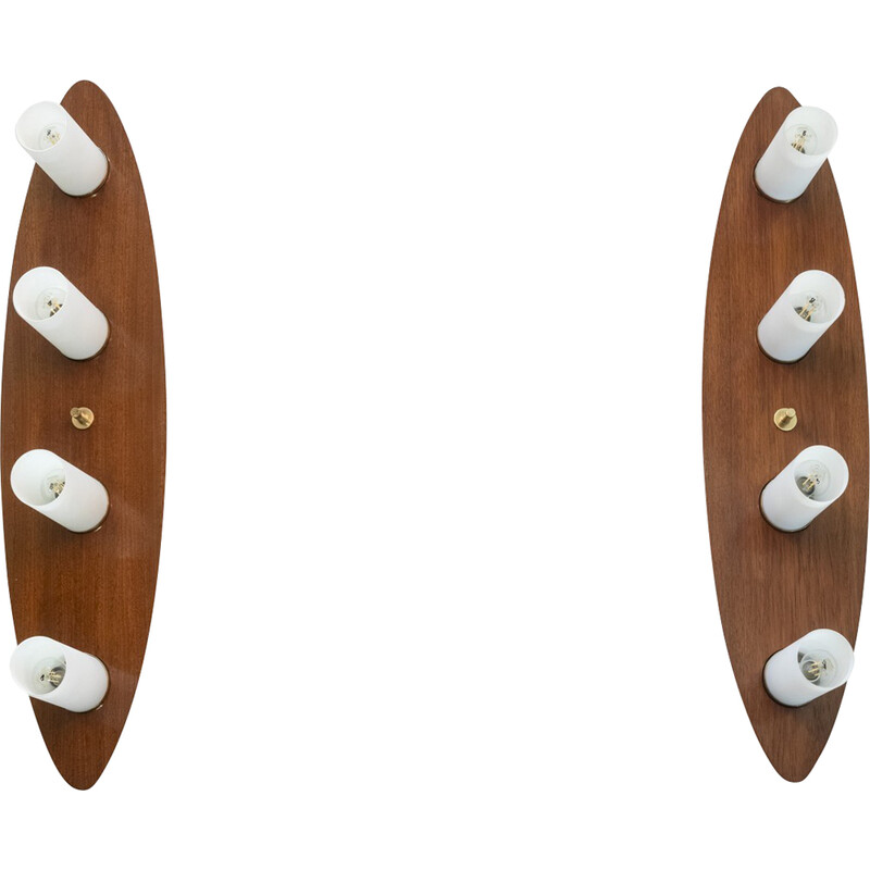 Pair of vintage mahogany and opaline wall lights for Maison Arlus, France 1960