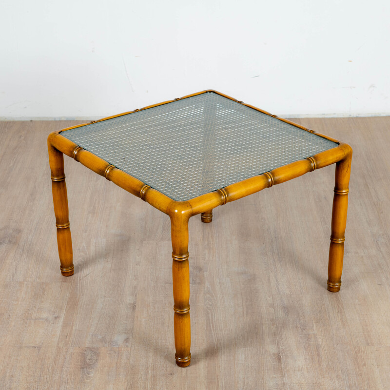 Vintage square side table in wood and canework, France 1970