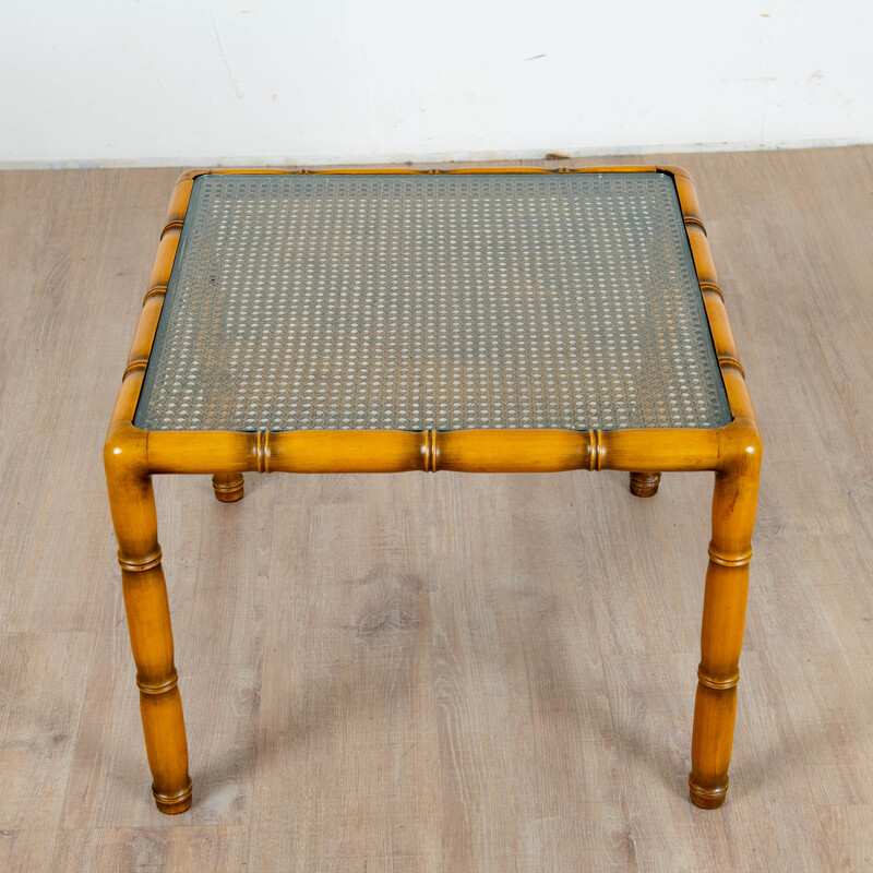 Vintage square side table in wood and canework, France 1970