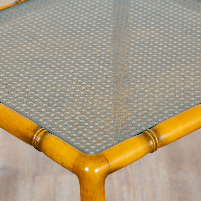 Vintage square side table in wood and canework, France 1970