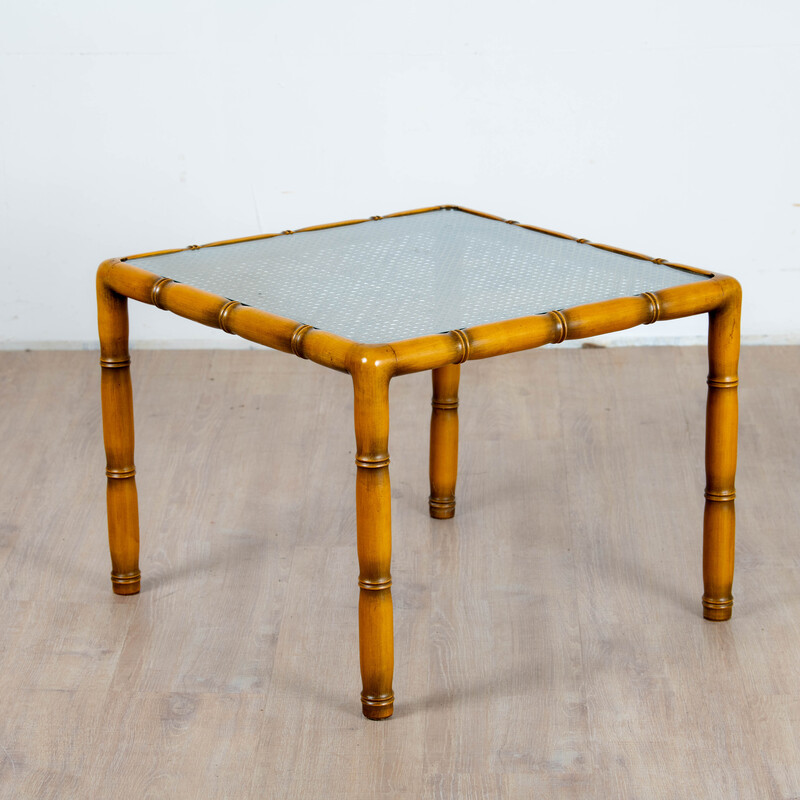 Vintage square side table in wood and canework, France 1970