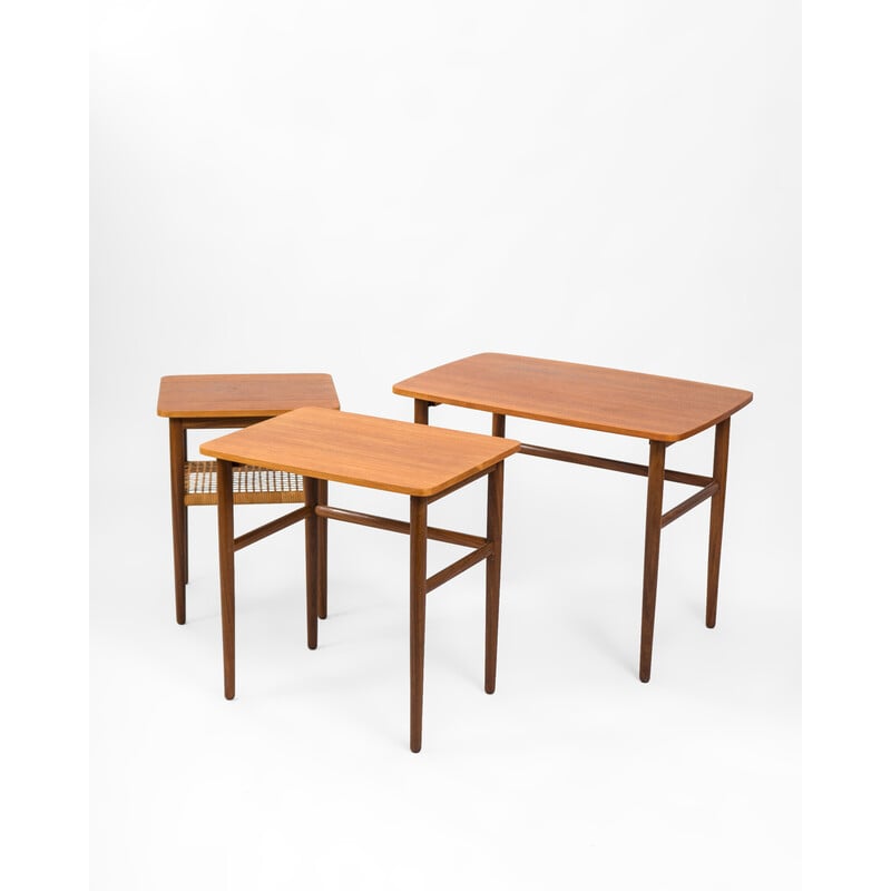 Vintage teak and rattan nesting tables by Johannes Andersen, Denmark 1960