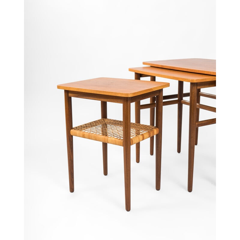 Vintage teak and rattan nesting tables by Johannes Andersen, Denmark 1960