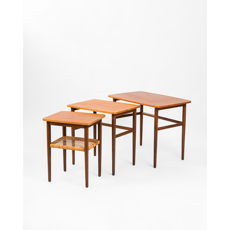 Vintage teak and rattan nesting tables by Johannes Andersen, Denmark 1960