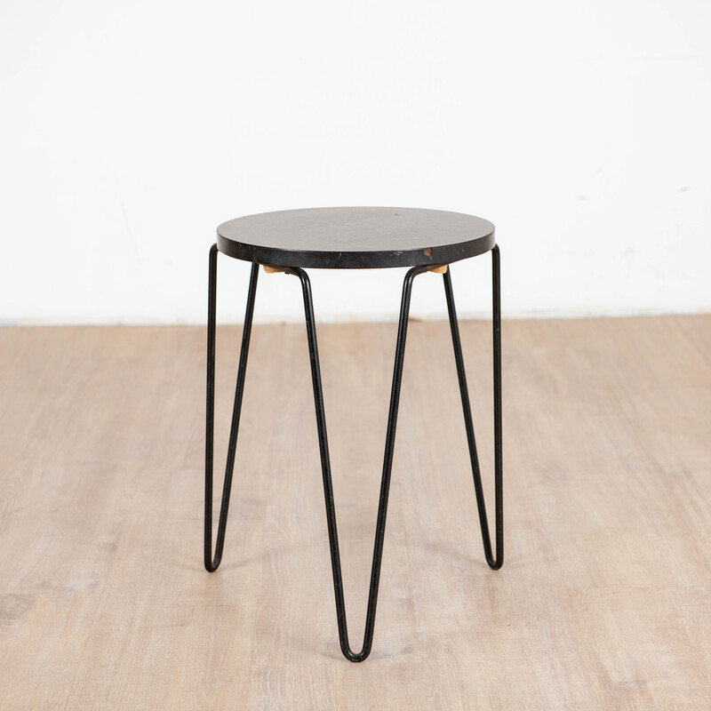 Vintage "75" model stool in black melamine wood and metal by Florence Knoll for Knoll International, 1950