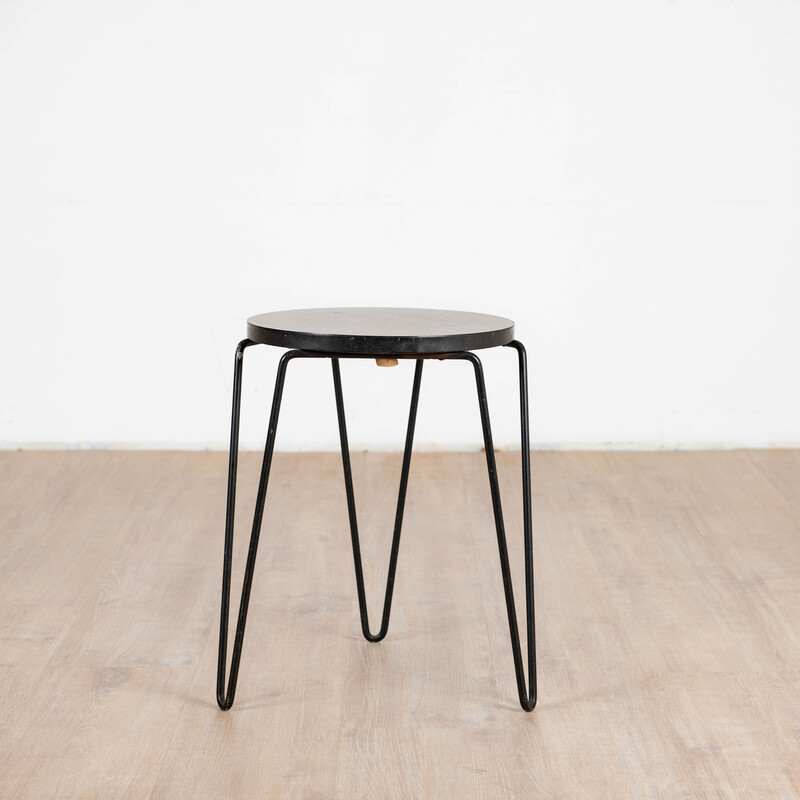 Vintage "75" model stool in black melamine wood and metal by Florence Knoll for Knoll International, 1950