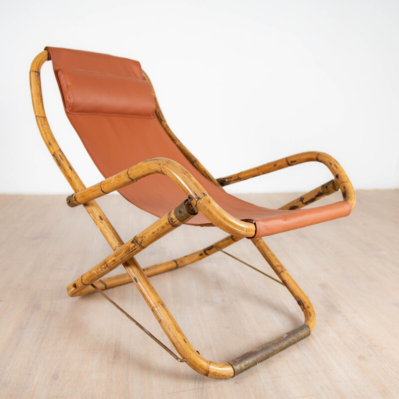 Vintage armchair in bamboo and leather, Italy 1960