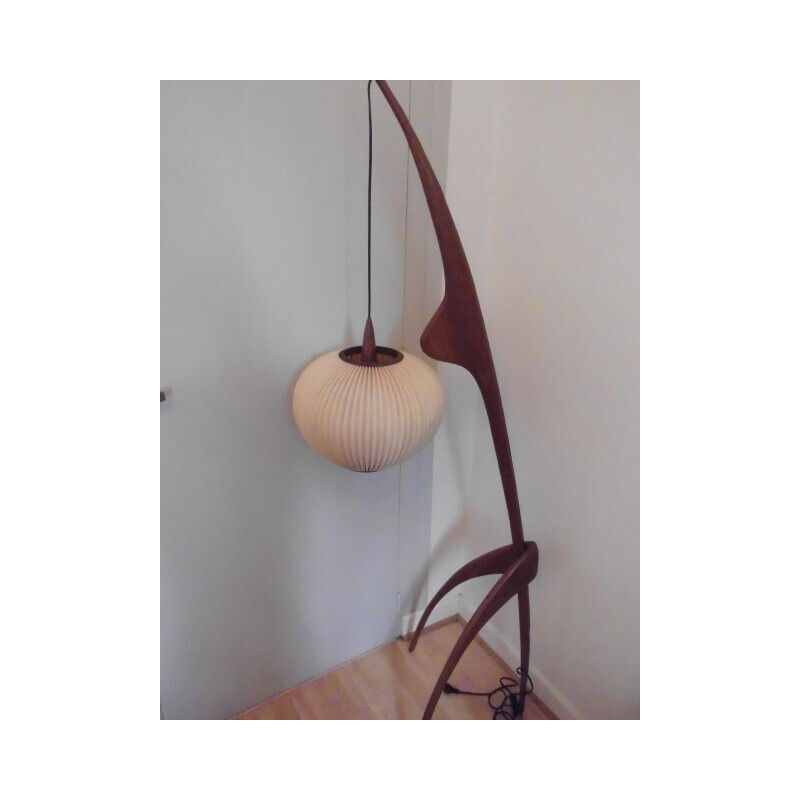 Lampadaire vintage "mante religieuse" en bois pour La Maison Rispal Paris