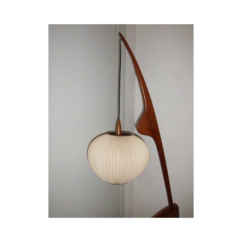 Vintage houten "bidsprinkhaan" vloerlamp voor La Maison Rispal Paris