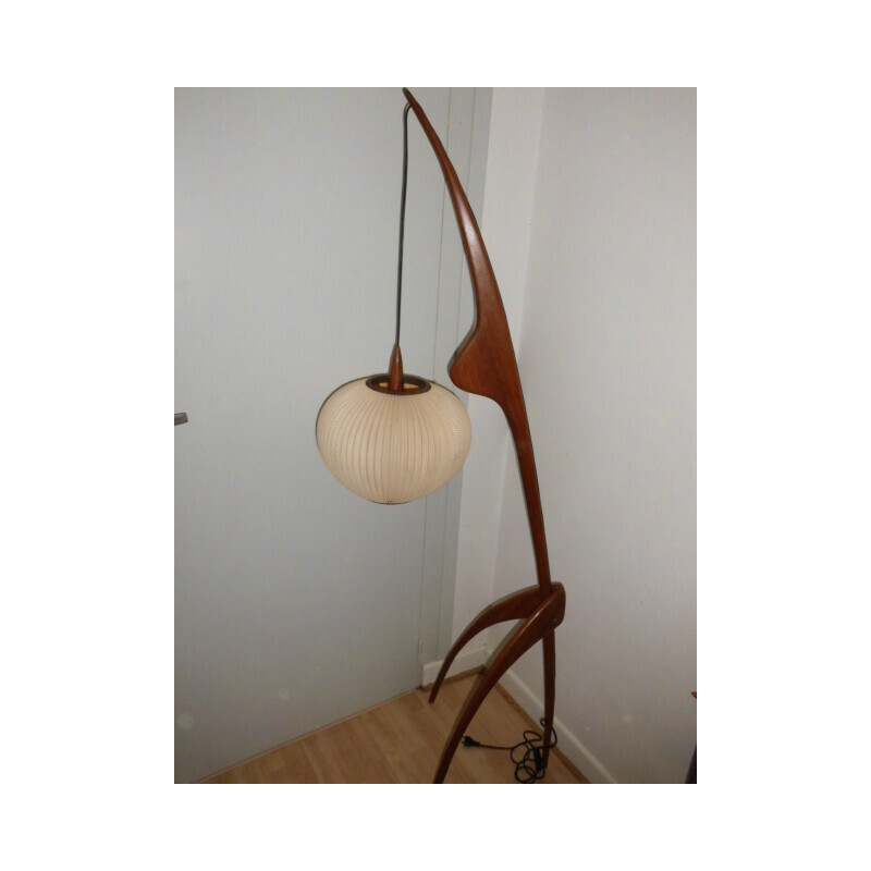 Vintage houten "bidsprinkhaan" vloerlamp voor La Maison Rispal Paris