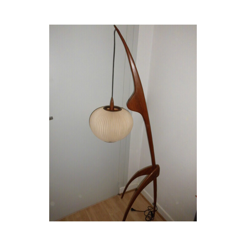 Vintage wooden “praying mantis” floor lamp for La Maison Rispal Paris