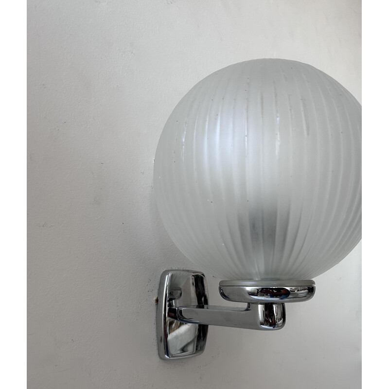 Pair of vintage wall lights in chrome metal and streaked sandblasted glass, France 1970