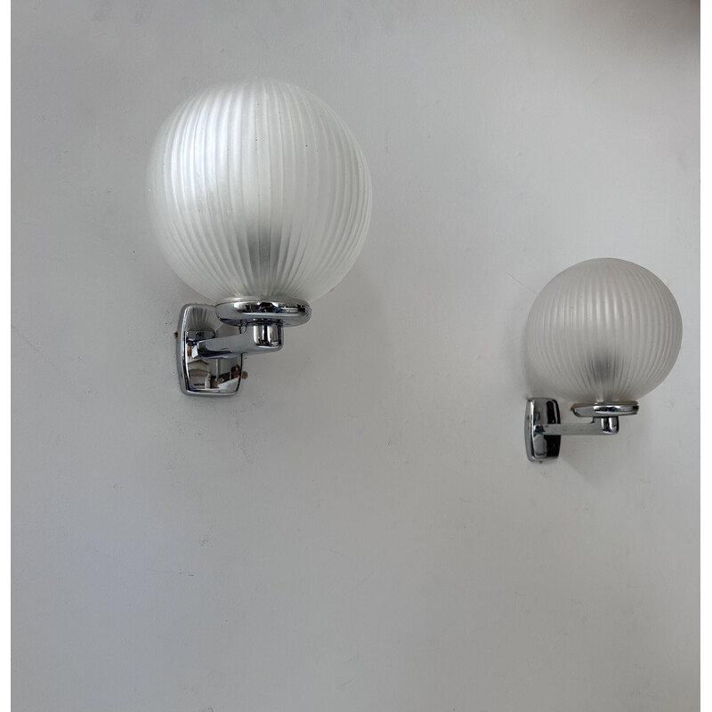 Pair of vintage wall lights in chrome metal and streaked sandblasted glass, France 1970