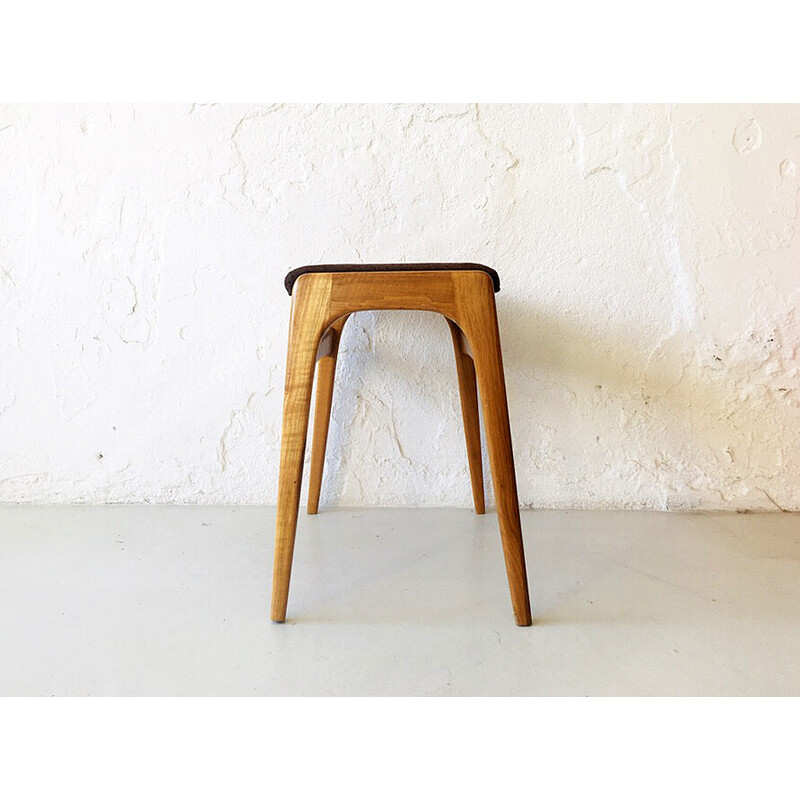 Tabouret vintage en bouleau et tissu en laine marron, Danemark 1960